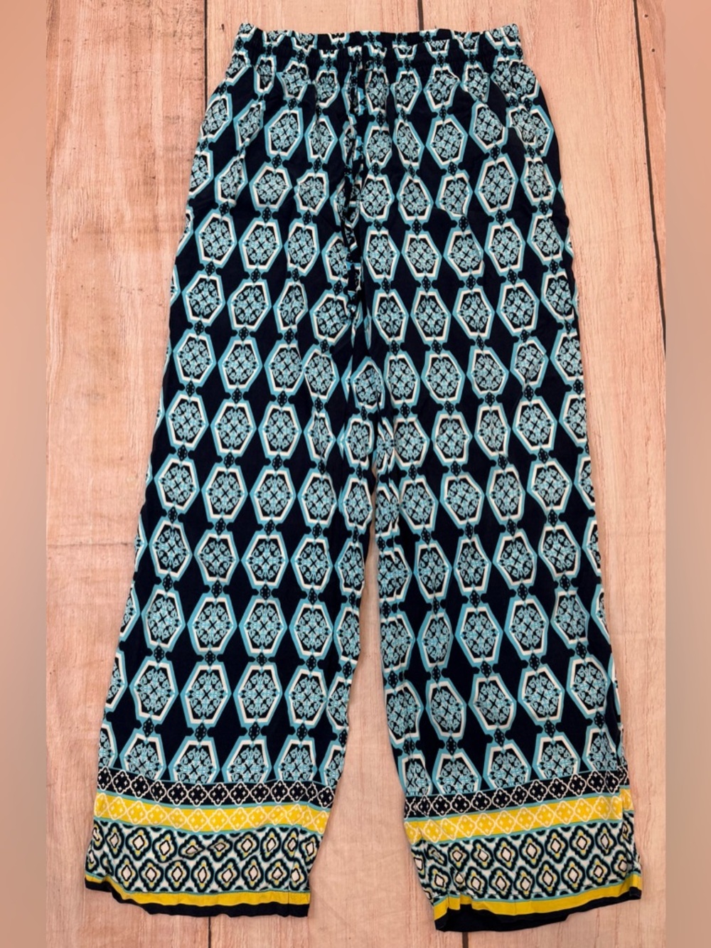 Crown & Ivy Women's Blue White Small 100% Rayon Wide Leg Loose Fit Pants